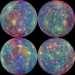 A global false-color map of the mineral composition of Mercury from Messenger data.