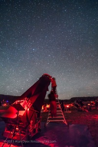 Expert deep-sky observers Larry Mitchell and Barbara Wilson gaze skyward with Larry’s giant 36-inch Dobsonian telescope at the Texas Star Party, May 2015. This is a single 60-second exposure with the 14mm lens at f/2.8 and Canon 5D MkII at ISO 3200.