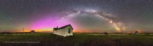 A 360° panorama of the night sky and prairie landscape from the Visitor Centre and farmyard at the Old Man on His Back Prairie & Heritage Conservation Area in southwest Saskatchewan. The Milky Way arches across the eastern sky from north to south, while an aurora display (faint to the naked eye) glows in an arch of green and magenta across the northern horizon. The pioneer house was built in the 1920s and this was a working ranch until the 1990s when the land was turned over to the Nature Conservancy of Canada to turn into a natural area to preserve the short grass prairie habitat.  This a stitch of 8 segments, each a 1 minute untracked exposure at f/3.5 with the 15mm lens and ISO 4000 with the Canon 6D. Stitched with PTGui software. I shot these May 18, 2015.