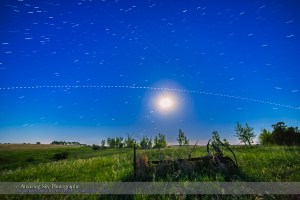 A pass of the International Space Station in the bright moonlight, on the evening of May 31, 2015, with the gibbous Moon to the south at centre. The view is looking south, with the ISS travelling from right (west) to left (east) over several minutes. This was the first pass of a 4-pass night, May 31/June 1, starting at 11:06 pm MDT this evening. Numerous other fainter satellite trails are also visible. This is a composite stack of 95 exposures, each 2 seconds at f/2.8 with the 14mm lens and ISO 6400 with the Canon 6D. The gaps are from the 1-second interval between exposures. The length of the trails and gaps reflects the changing apparent speed of the ISS as it approaches, passes closest, then flies away.  I stacked the exposures with the Advanced Stacker Actions from StarCIrcleAcademy.com, using the Lighten mode. The ground comes from a Mean blend of just 8 of the exposures to prevent shadows from blurring but to smooth noise.