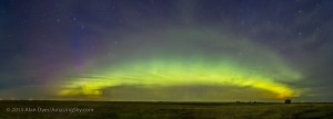 The arc of the auroral oval as seen from southern Alberta, July 22/23, 2015, from Writing on Stone Provincial Park, looking north over the flat prairie. The Big Dipper is at left. This is a 4-segment panorama with the Canon 60Da and 16-35mm lens at 16mm, stitched in Photoshop.