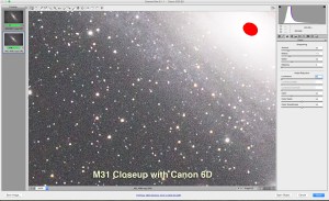 Closeup of telescope view of Andromeda Galaxy with Canon 6D 4 minute exposure at ISO 800 No noise reduction applied in processing