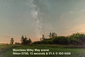 A typical Milky Way nightscape with the Nikon D750 and Sigma 24mm Art lens. With no Moon, shot at very high ISO of 6400 and wide aperture of f/1.4 to show image quality under these demanding shooting circumstances. Lens correction and basic development setttings applied.