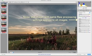 The scene used to test for noise (here with the Nikon images) showing the development settings applied to both the Nikon and Canon sets. NO noise reduction (colour or lunminance) was applied to any of the images, but Exposure, Shadows, Contrast and Clarity were boosted, and Highlights reduced.