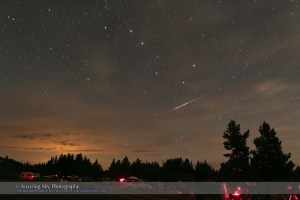 Perseid meteor caught night of August 12-13 2009 from Cypress Hills Prov Park in Saskatchewan at the annual Saskatchewan Summer Star Party. One frame of 250 shot as part of a time-lapse movie. Taken with Canon 5D MkII and 24mm lens at f/2.5 for 30s at ISO1600.
