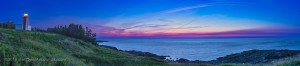 Sunset at Point Prim Lighthouse, near Digby, Nova Scotia on the Fundy side of the peninsula, with a waxing crescent Moon in the western twilight sky. The dark rocks are basaltic volcanic rocks from the late Triassic formed as part of the rifting that split Gondwonaland into the Americas and Europe and Africa. The Lighthouse is the fourth in a succession of lighthouses built at Point Prim starting in 1804. It was automated in 1984. This is a panorama created from 9 segments taken with the 16-35mm lens at 35mm and Canon 6D. Stitched in Photoshop.