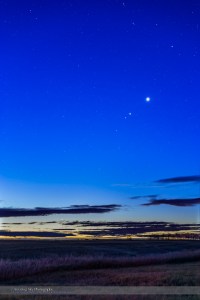 Four planets in the morning sky, on October 20, 2015, along the ecliptic from bottom to top: - Mercury (close to the horizon at lower left) - Mars (dim, below Jupiter) - Jupiter (fairly bright at upper right) - Venus (brightest of the four) I shot this from home in southern Alberta. This is a composite stack of 5 exposures from 15 seconds to 1 second to contain the range of brightness from the bright horizon to the dimmer sky up higher. All with the 35mm lens and Canon 6D at ISO 800.