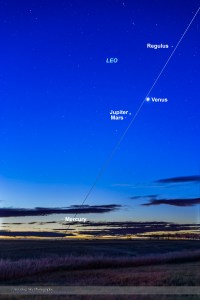 Four planets in the morning sky, on October 20, 2015, along the ecliptic from bottom to top:  - Mercury (close to the horizon at lower left) - Mars (dim, below Jupiter) - Jupiter (fairly bright at upper right) - Venus (brightest of the four) I shot this from home in southern Alberta. This is a composite stack of 5 exposures from 15 seconds to 1 second to contain the range of brightness from the bright horizon to the dimmer sky up higher. All with the 35mm lens and Canon 6D at ISO 800.