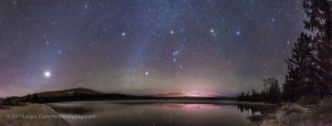 A panorama of roughly 180° showing a star- and planet-filled sky in the pre-dawn hours over Lake Annette in Jasper National Park, Alberta, on the morning of October 25, 2015.  At left, to the east, are the two bright planets, Venus (brightest) and Jupiter in a close conjunction 1° apart (and here almost merging into one glow), plus reddish Mars below them, all in Leo, with the bright star Regulus above them. At centre, to the south, is Orion and Canis Major, with the bright star Sirius low in the south. At upper right are the stars of Taurus, including Aldebaran and the Pleiades star cluster. Venus was near greatest elongation on this morning.  The Milky Way runs vertically at centre, between Sirius and Procyon, the bright star above centre. The faint glow of morning Zodiacal Light rises in a diagonal band at left in the east through the planets and stars of Leo and into Cancer and the Beehive Cluster at top left.  No special filter was employed here — the hazy planets and stars and colourful star images comes naturally from a high haze over the sky this morning. It bloats the images of Venus and Jupiter so they almost merge.  The stars are partly reflected in the waters with wind distorting some of the reflections. Some green airglow appears in the south as well. Distant Whistler peak below Orion is lit by lights from the Jasper Townsite. The site is the shore of Lake Annette near the Jasper Park Lodge and site to the annual star party held as part of the Jasper Dark Sky Festival. I shot this scene the morning after the 2015 Festival. This is a panorama of 12 segments, shot with the 24mm lens mounted vertically (portrait), each for 30 seconds at f/2.8 with the Canon 6D at ISO 3200. Stitched with Photoshop, with some vertical scaling to reduce the distortion introduced by the pan mapping process.