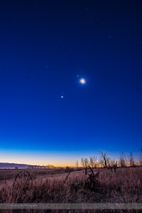 The waning crescent Moon below Jupiter, with that pair of worlds above the pairing of Venus (bright) and red Mars (just above Venus), all in the dawn sky in Leo, November 6, 2015. The stars of Leo are above, including Regulus. This is a composite of 4 exposures: 15 seconds for the ground (to bring out detail there), 4 seconds for the sky (short enough to prevent star trailing), and 1 and 1/4 seconds for the Moon itself to prevent it from being totally blown out as a bright blob. All with the Nikon D750 at ISO 2000 and Sigma 24mm Art lens at f/4.5. Taken from home.