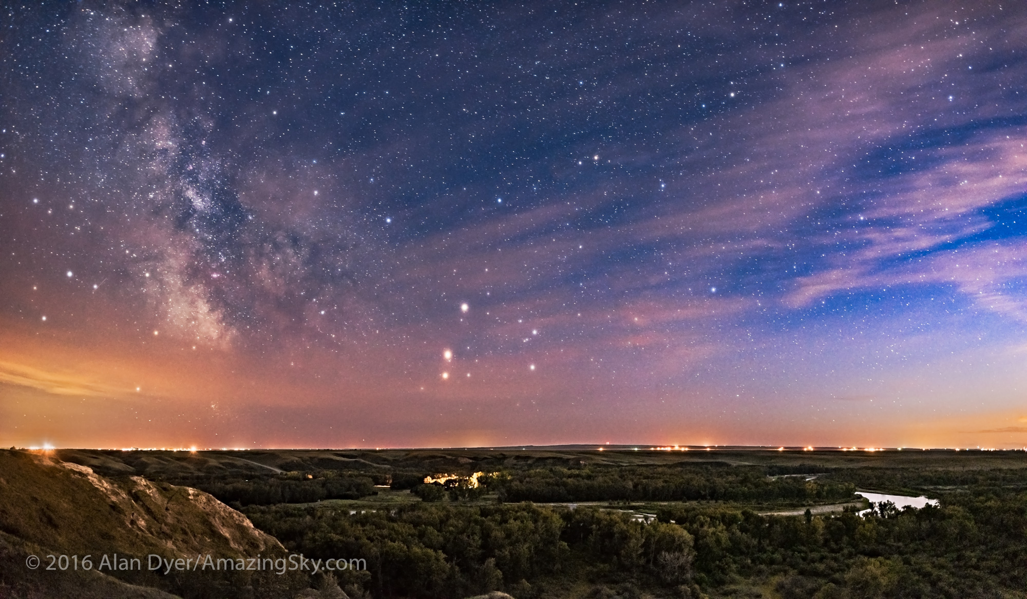 Saturn, Mars and the Milky Way over the Bow River