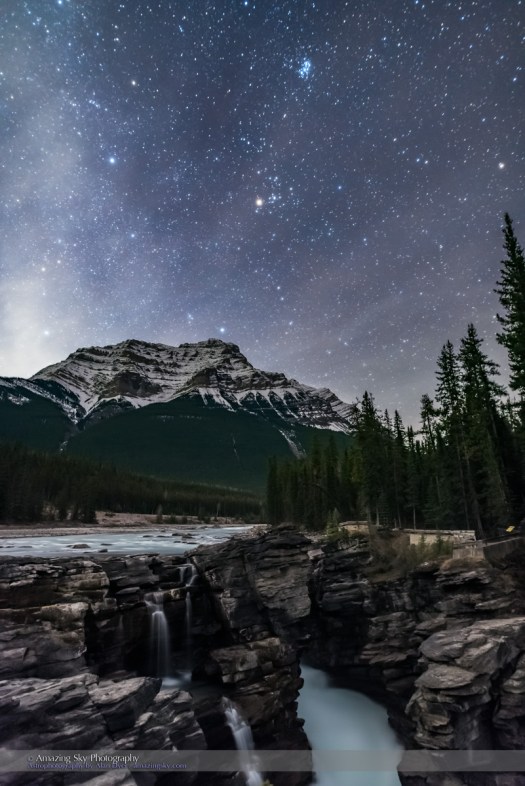 Pleiades and Taurus over Athabasca Falls