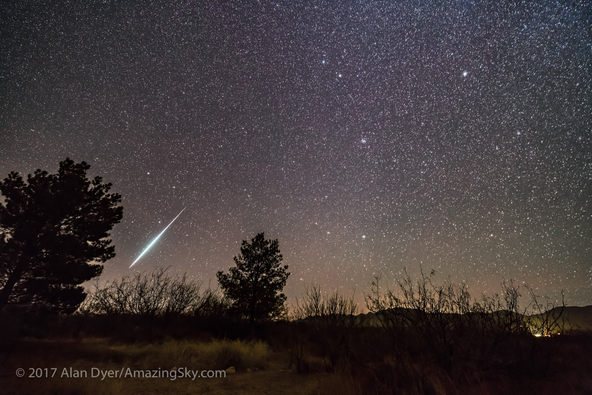 Bright Geminid Meteor Descending