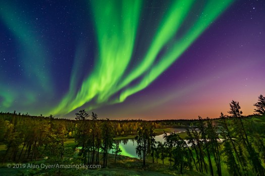 Aurora over Cameron River in Moonlight