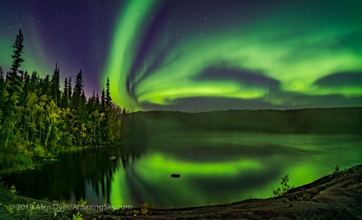 Aurora over Cameron River with Autumn Colours