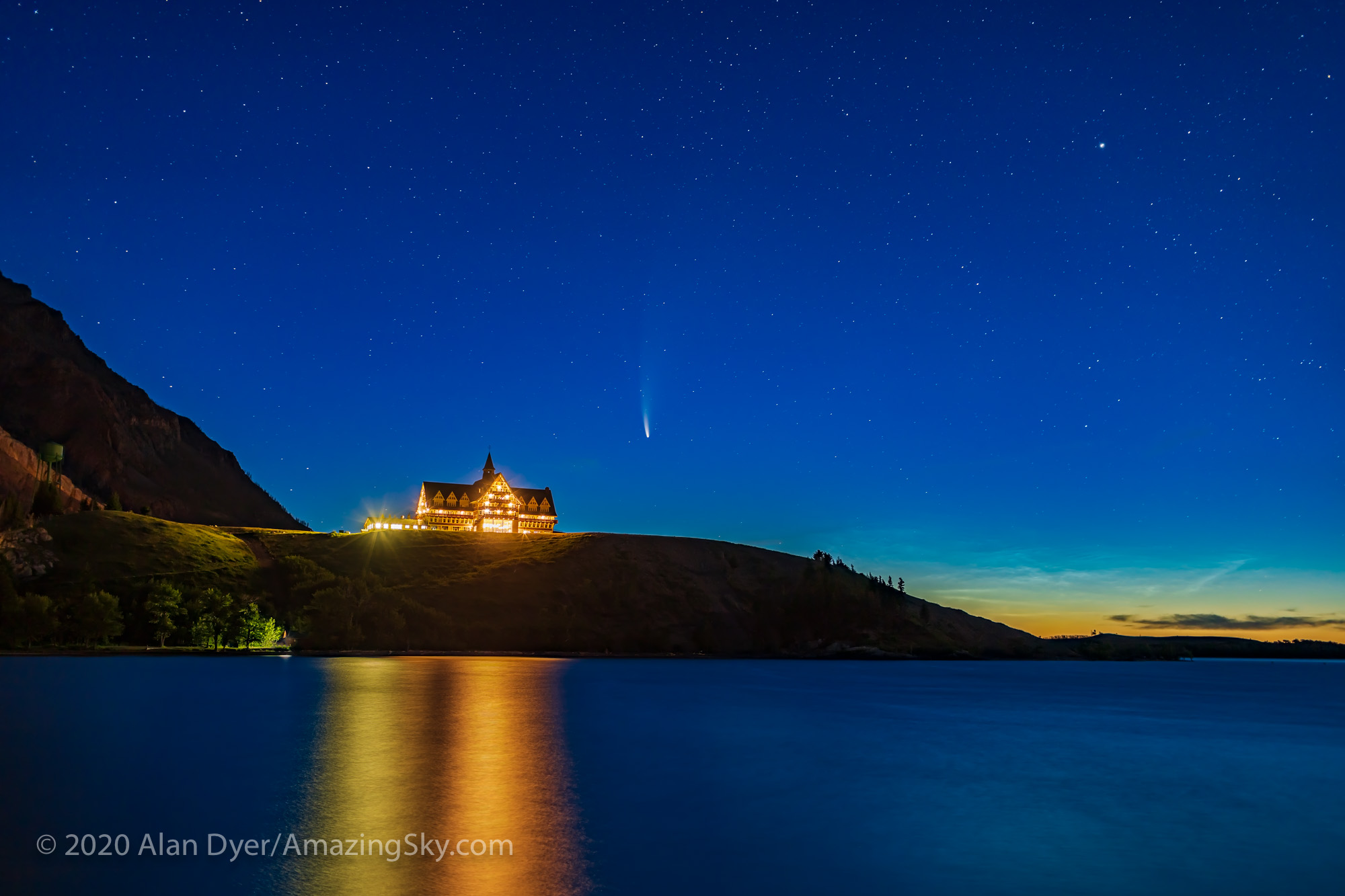 Comet NEOWISE and NLCs over Prince of Wales Hotel (July 14, 2020